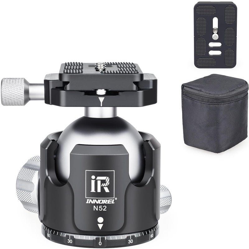 Innorel Low Profile Tripod Ball Head-INNOREL N52,Panoramic CNC Metal Camera Tripod Ball Head with Two 1/4" Screw Arca Swiss Quick Release Plates for Tripod,Monopod,DSLR,Camcorder,Max Load 66lbs/30kg - Image 1